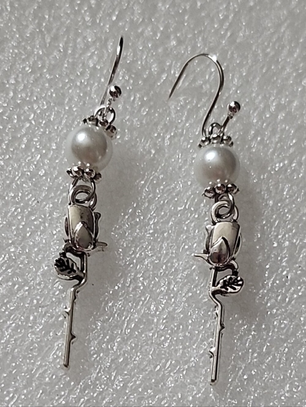 Hand Crafted White Pearl and Silver Rose Drop Earrings